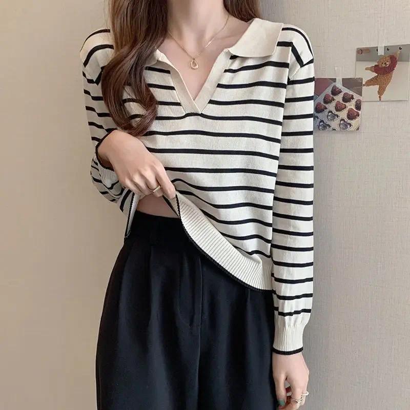 Áo Len Dệt Kim, Thiết Kế Cổ Chữ V Sọc, Tay Dài 1