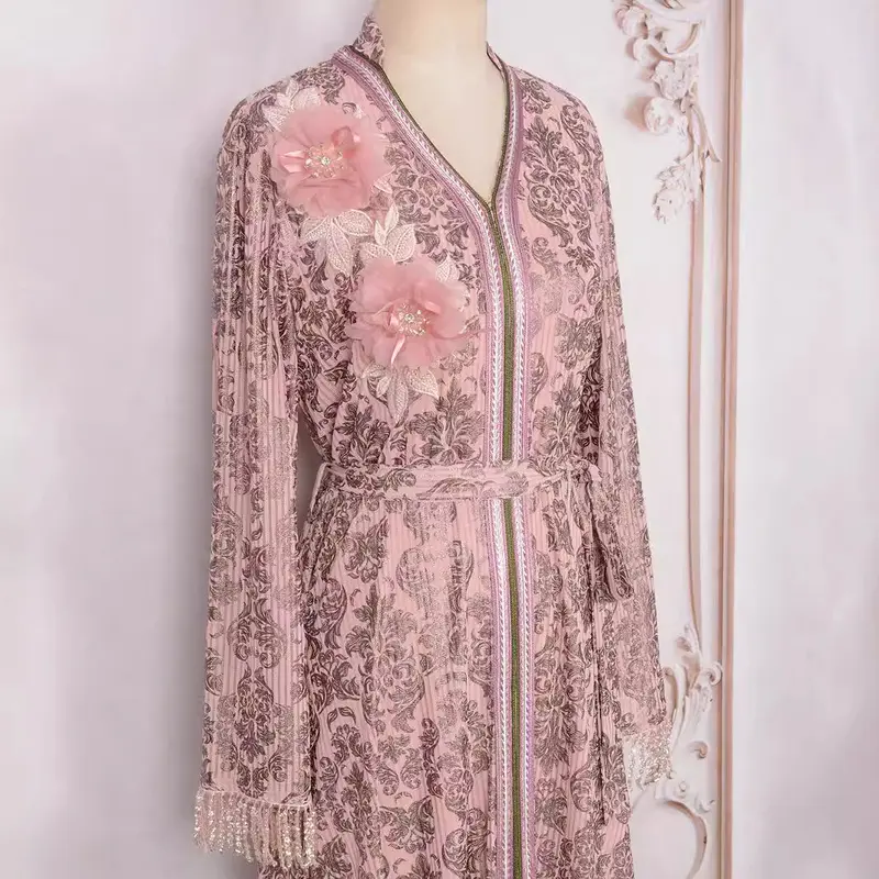 2025 Women's Middle Eastern Style Evening Dress Muslim Fashion New Fashion Gold Stamped Floral Decoration Long Sleeve Dress for Women 2