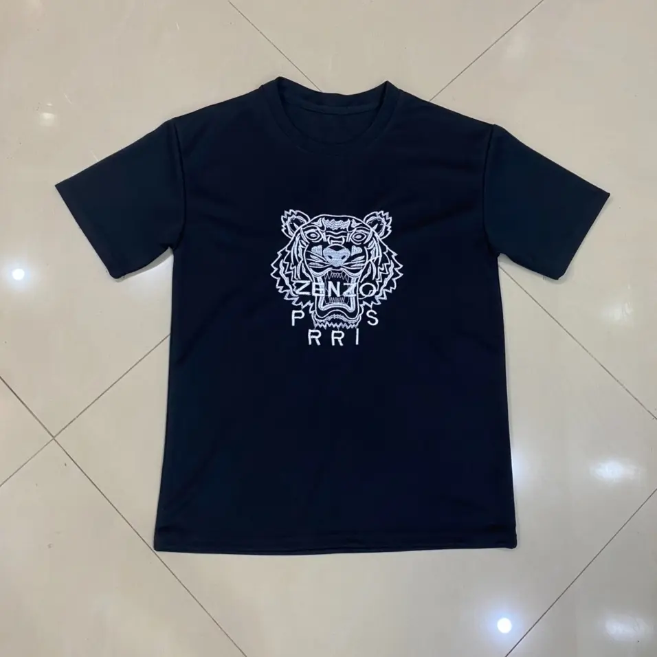 Áo thun cổ tròn THÊU HỔ trơn không chấm hai màu Xanh Than và Đen