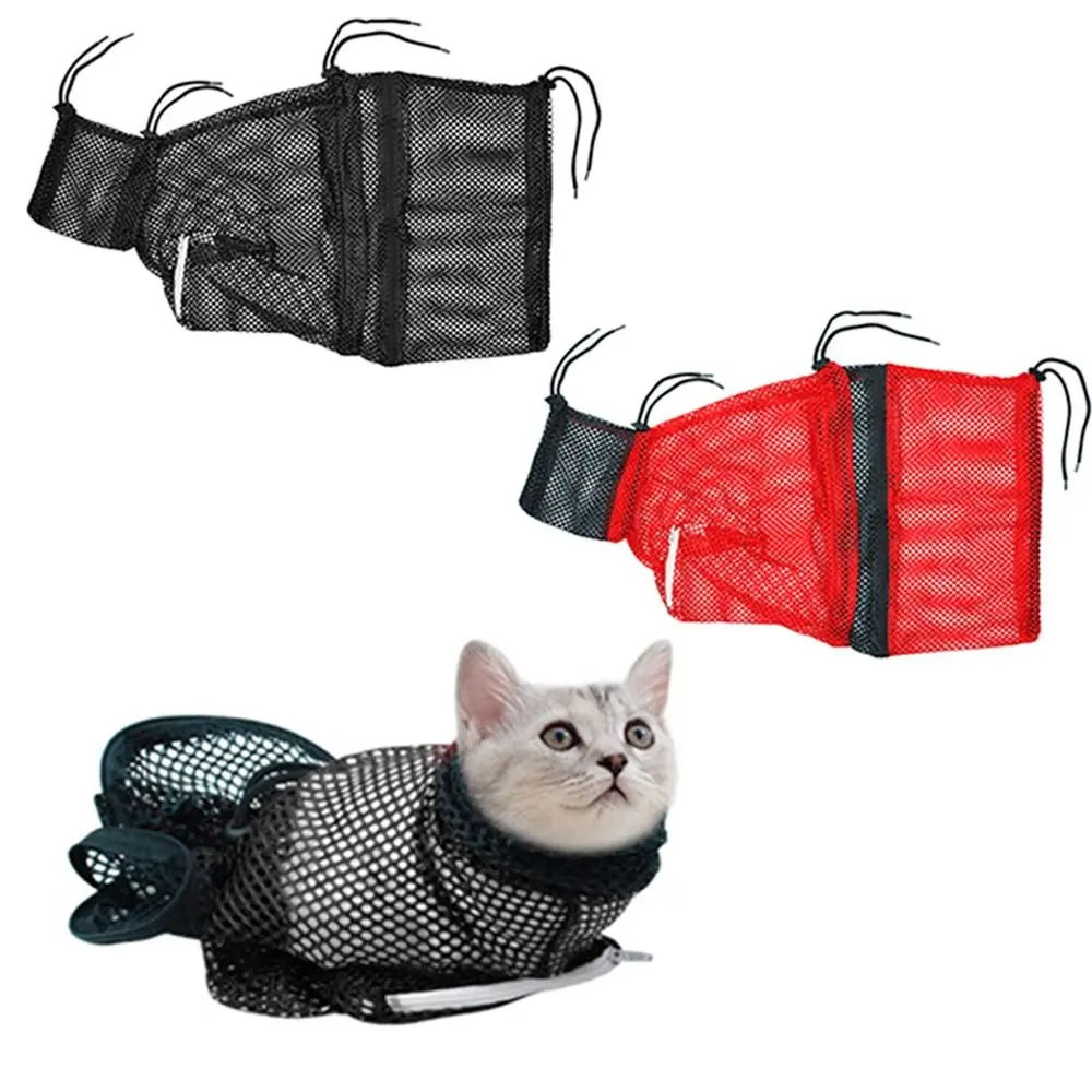 Soft Breathable Mesh Cat Bathing Bag Adjustable Anti-bite Cat Shower Wash Net Drawstring Comfortable Cat Grooming Restraint Bag Pet