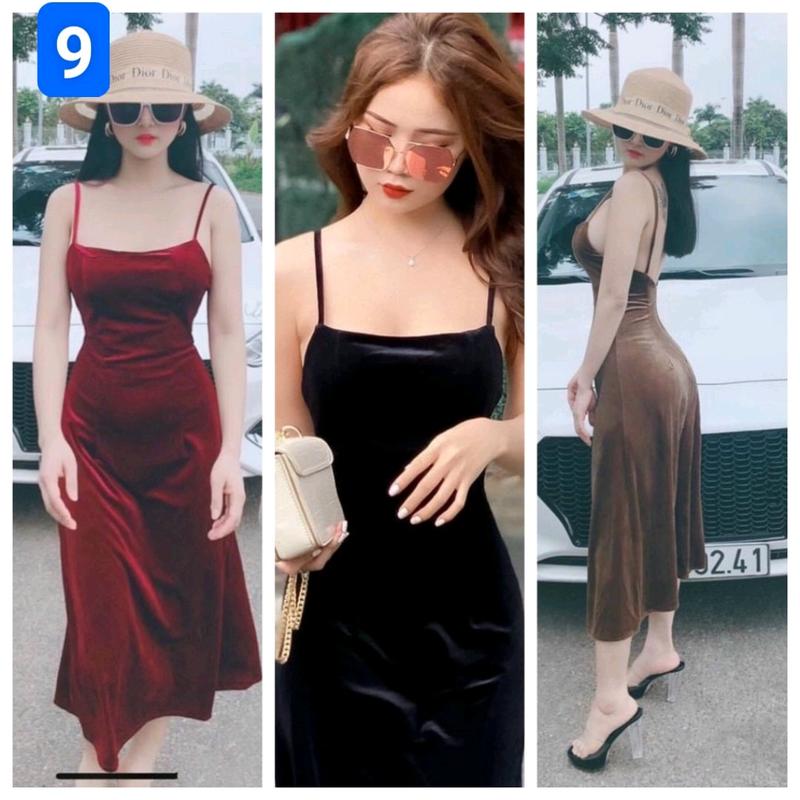 Thu Hương - Đầm cúp ngực Nhung hở lưng sâu dáng xuông A dài quá gối. Chất liệu Nhung The co giãn 4 chiều. Đầm body Nữ đẹp. Women Voi Kem Voan