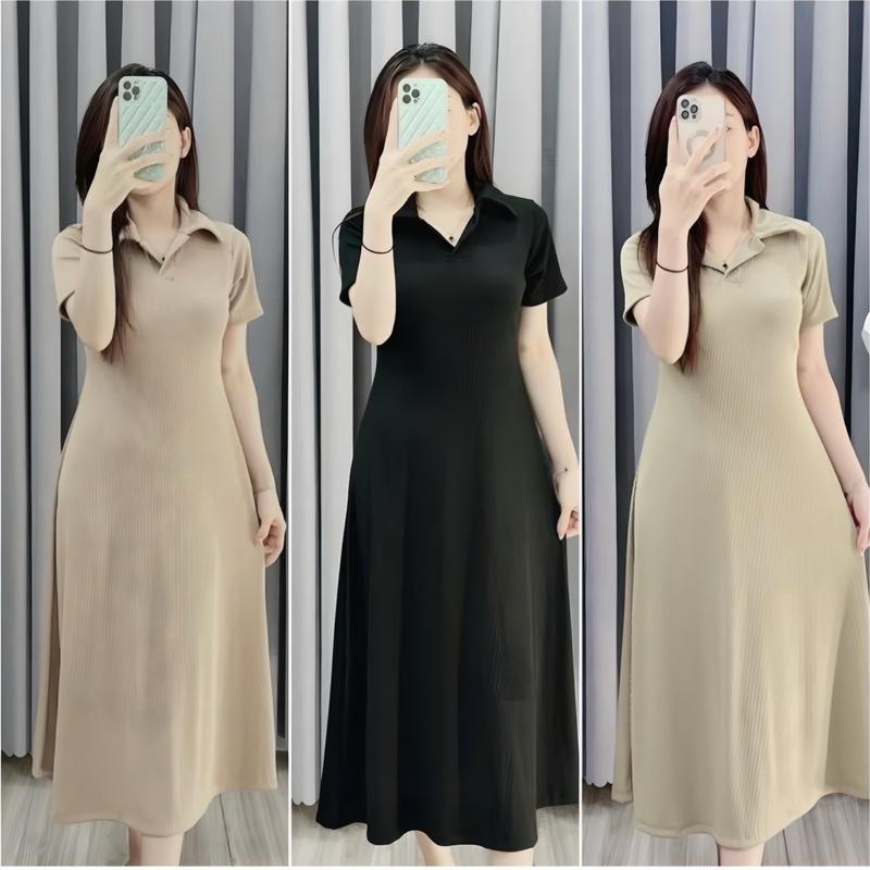 V799 Váy thun tăm cổ sơ mi dáng dài , váy nữ tay ngắn siêu phẩm thích hợp mặc nhà, du lịch, dạo phố,  trẻ trung, năng động , sang chảnhTrơn Dress Đầm. Women