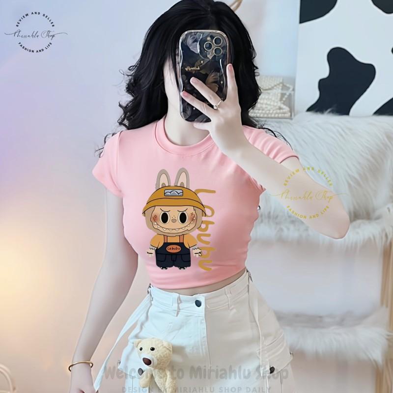 Product Introduction of Áo Thun Nữ Croptop Borip Basic Ôm Body In Hình Labubu Cam Nón, MLS237, Nữ Women Top Voi Dáng Ngắn Cổ Tròn Sọc Sò 31