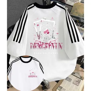 Kaos lengan pendek tiga garis hitam putih bergaya retro Amerika, unisex, cocok untuk semua musim, desain unik, atasan lengan pendek, gaya Instagram.