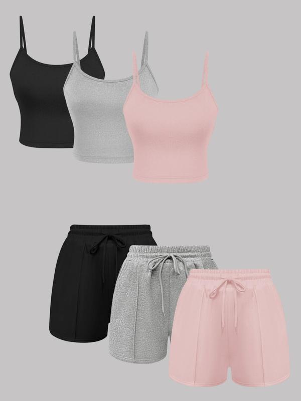 Women's Solid Ribbed Crop Cami Top & Drawstring Waist Shorts Two Piece  Lounge Set, Casual Sleeveless Crop Top & Shorts, Co-ords Set, Cute Sets Outfits Comfy, Summer Sets, Co Ords for Women 4