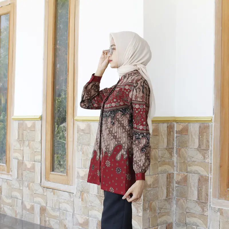 KALISTA Maroon Blouse Atasan Baju Batik Wanita Kerja Kantor Modern Kekinian Bahan Katun Halus Premium 3
