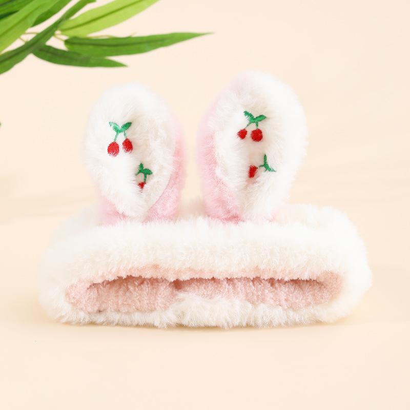 Product Introduction of Autumn and Winter New Rabbit Plush Embroidery Cherry Color Matching Hair Band Coral Velvet Cute Cartoon Face Wash Makeup Application 6