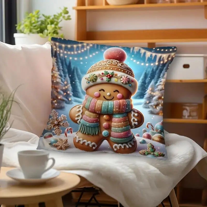 Cartoon Gingerbread Man Pattern Cushion Cover, 1 Count Square Throw Pillow Cover, Household Decoration Supplies for Home Living Room Sofa Bed 7