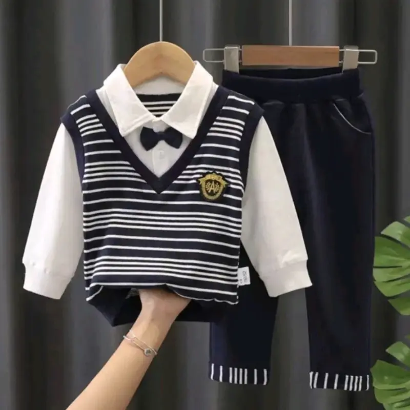 Baju bayi Cowok 6 12 bulan 1 2 3 Tahun Kemeja Lengan Panjang Set Rompi Navy biru Katun Bunda Laki-Laki Parsel Blue 3