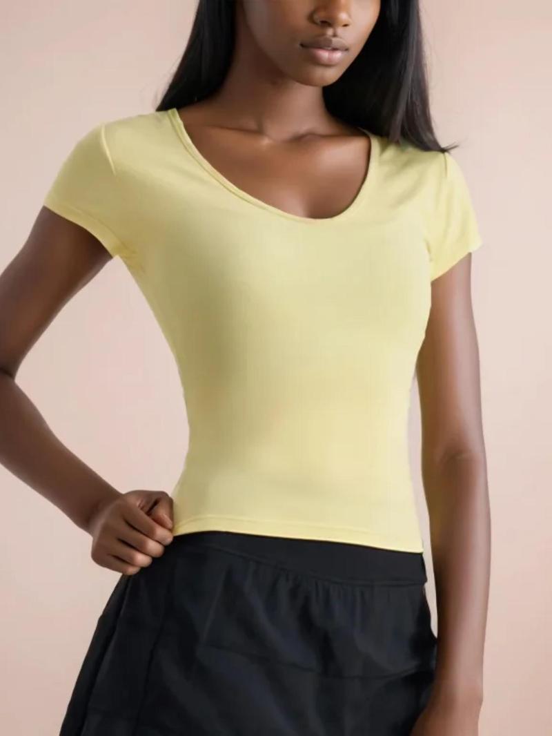 Product Introduction of Women's Solid Round Neck Tee, Casual Breathable Comfortable Short Sleeve T-shirt for Gym Workout Running, Ladies Summer Sportswear 1