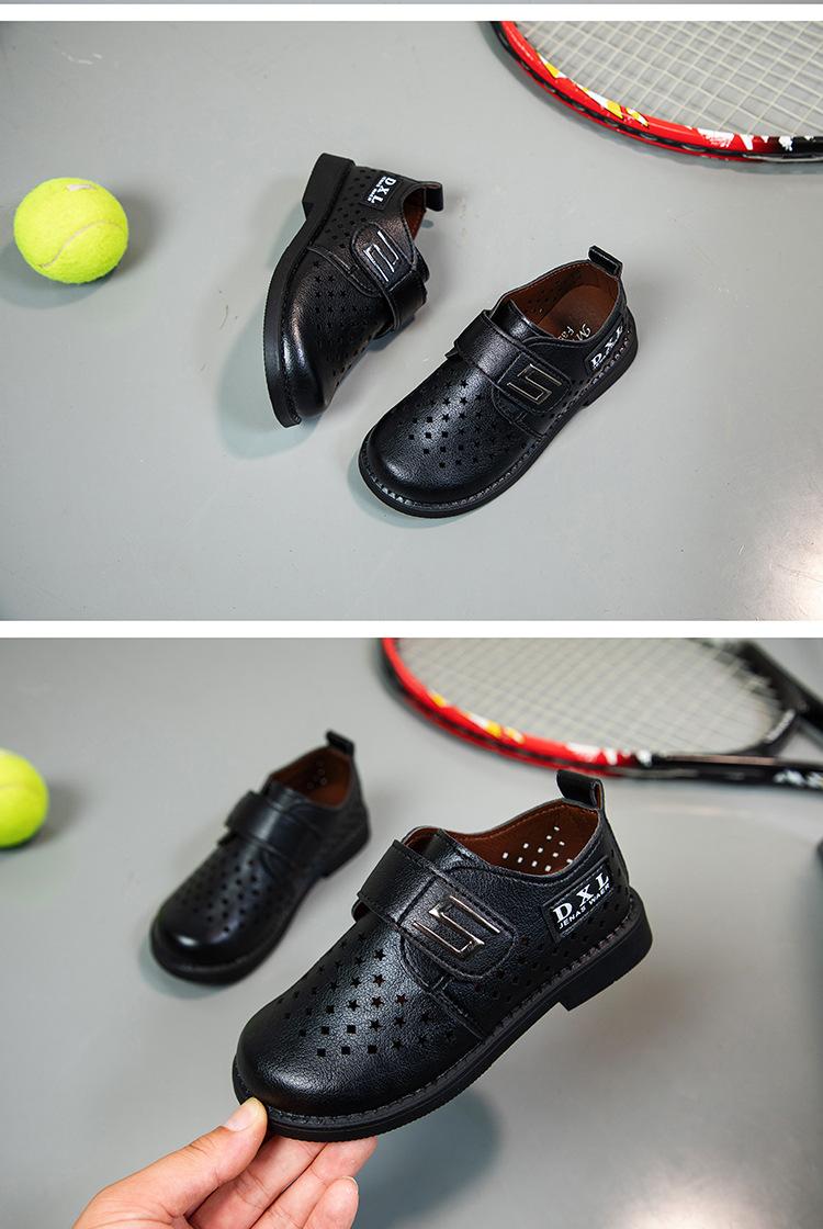 Product Introduction of Spring and Autumn New Black Breathable Casual British Leather Shoes Hollow Velcro Hole Student Soft Bottom Lazy Boy's Shoes 32