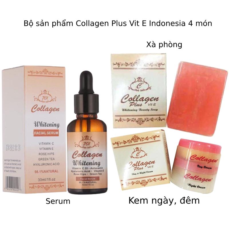 Bộ Kem Mặt Collagen Plus Vit E 4 món dưỡng Trắng Da giảm các vấn đề về da Đọc kỹ hướng dẫn mô tả Kem ngày Kem đêm Xà phòng Serum