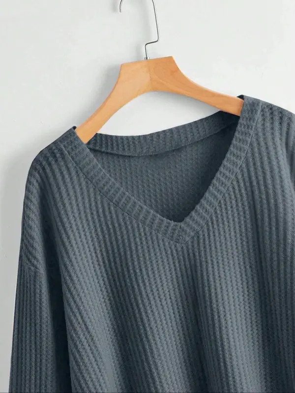 Women's Plain Textured Drop Shoulder V Neck Tee, Casual Long Sleeve Top for Spring & Fall, Fashion Women's Clothing for Daily Wear 3