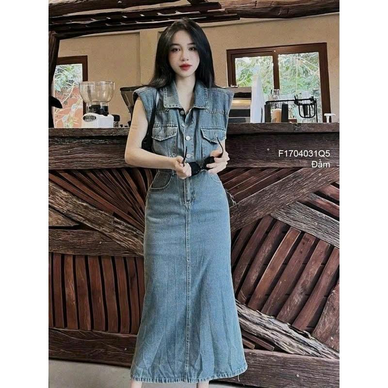 Đầm J.ean Dáng Dài Đính Khuy Tôn Dáng Cho Nữ Women Dress 2
