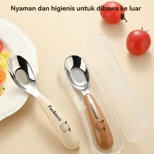 Sendok Stainless Steel Portabel untuk Anak-anak  Sendok Bayi Garpu Alat Makan Perjalanan Anak Makan Sehat di Rumah atau Saat Bepergian Alat Makan Anak-anak Praktis dan Higienis