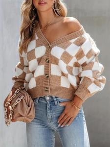 Women's Plaid Print Button Front Drop Shoulder Cardigan, Casual Long Sleeve V Neck Cardigan for Daily Wear, Ladies Knitwear for All Seasons