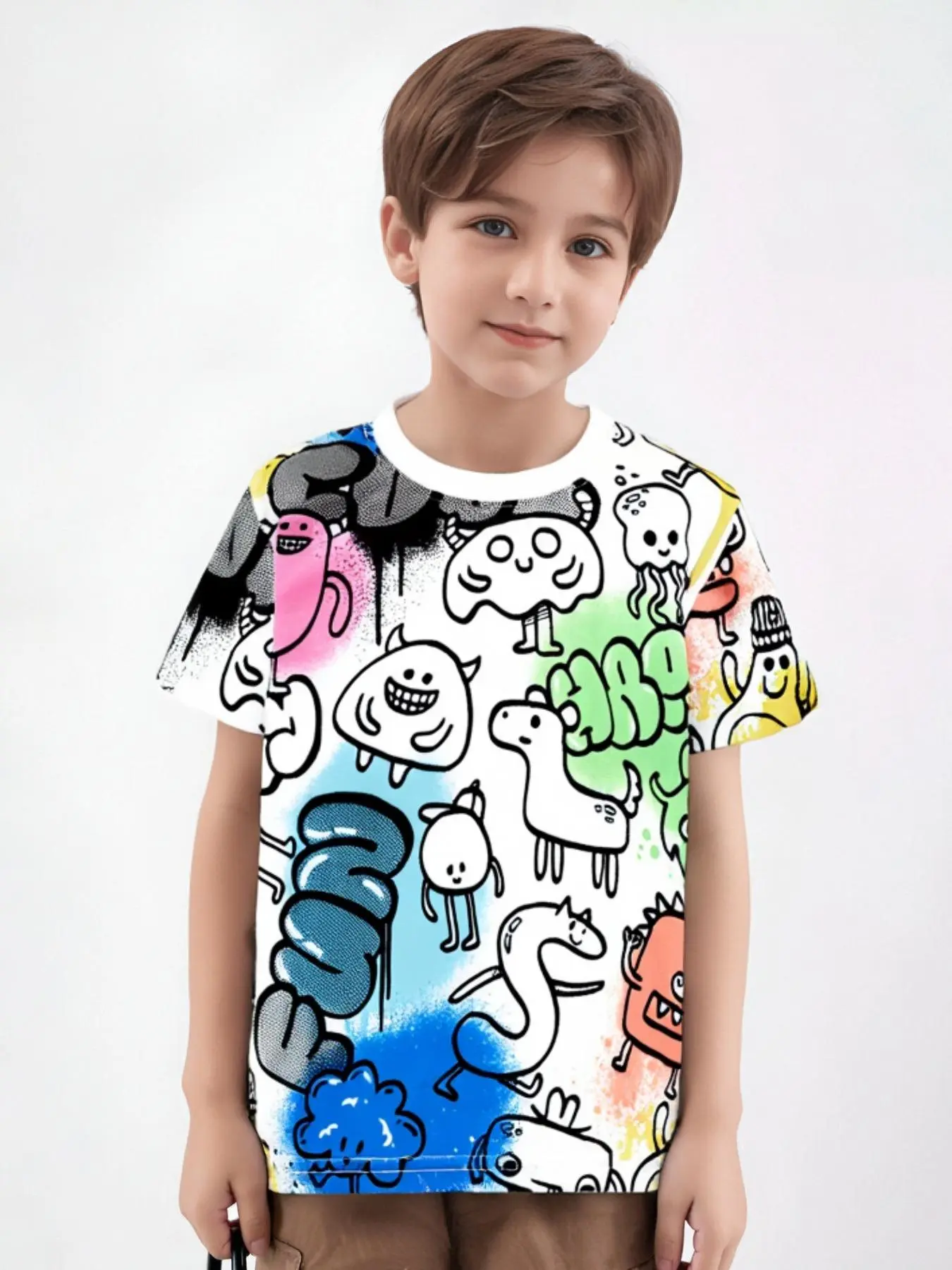 Boy's Cartoon Print Round Neck Tee, Casual Short Sleeve T-shirt for Summer, Kids Clothes for Daily Wear