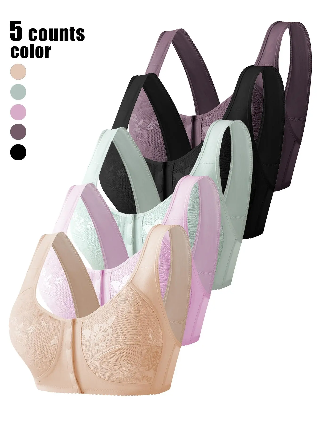 Women's Solid Color Floral Lace Wireless Push Up Bra, Soft Comfortable Breathable Front-Closure Bra for Daily Wear, Underwear for All Seasons