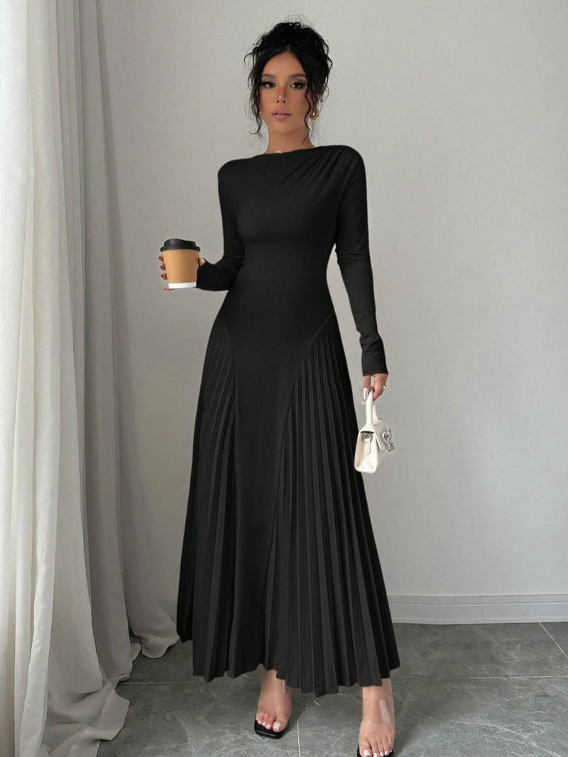 Product Introduction of Women's Solid Color Pleated Tight-fitting Dress, Elegant Long Sleeve Round Neck Dress for Party Holiday Wedding Guest, Ladies Spring & Fall Clothes 3