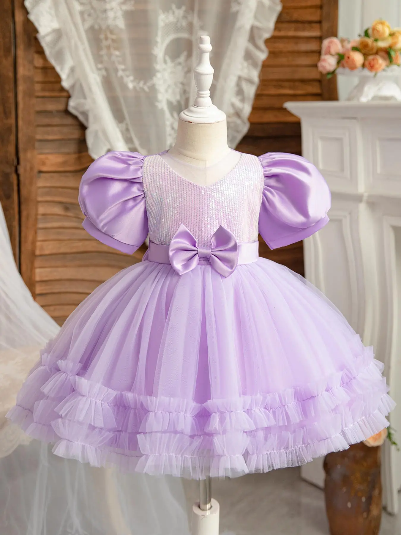 Girl's Contrast Sequin Bow Front Tiered Layer Fit and Flare Party Dress, Elegant Puff Sleeve Round Neck Dress for Party Wedding Guest, Kids Summer Clothes