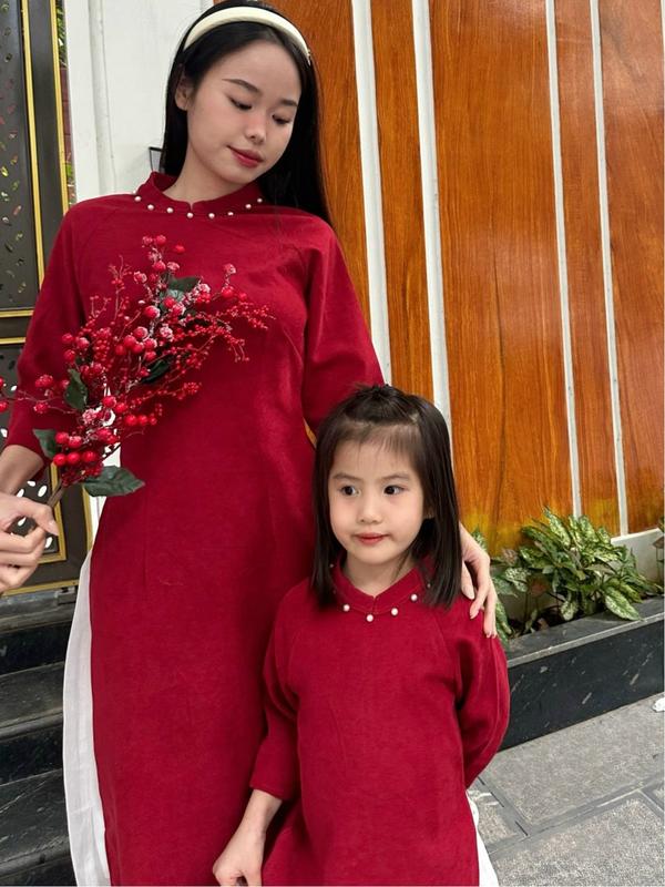 Áo dài cách tân kèm chân váy AD8 chất liệu nhung tăm cho mẹ và bé size đại 11 - 60kg