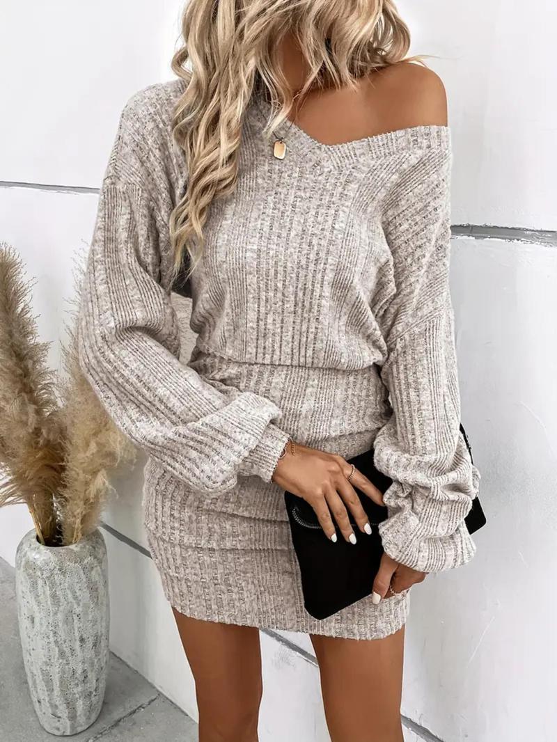 Product Introduction of Women's Plain Ruched Drop Shoulder Bodycon Dress, Casual Long Sleeve V Neck Short Dress for Fall & Winter, Women's Clothing for Daily Wear 10