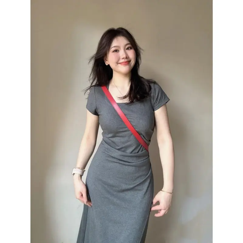 Váy ngắn Tay Màu Xám, Cổ Vuông, Thiết Kế Đẹp, Dành Cho Nữ, Váy Bodycon Xích Thắt Eo Xiacnee, Váy Dài Xẻ Tà, Thanh Lịch, Thời Trang, Năm 2025 2