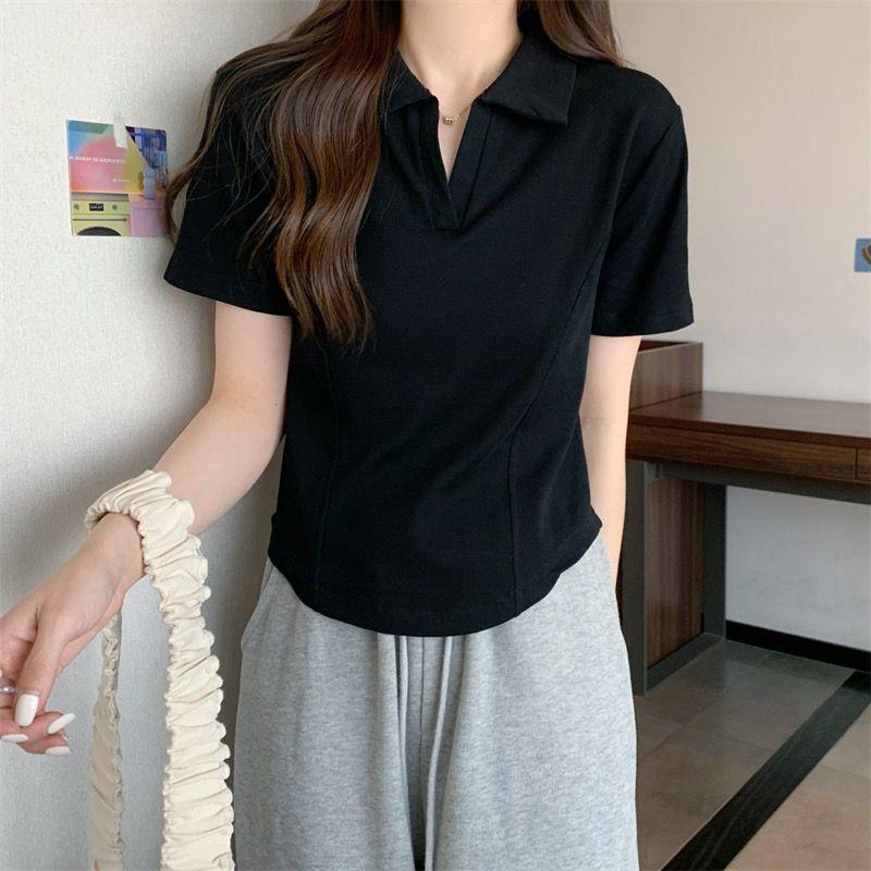 Product Introduction of Summer New Korean Style Polo Collar Solid Color Short-Sleeved Top for Women Slim Casual All-Match T-shirt Women 22
