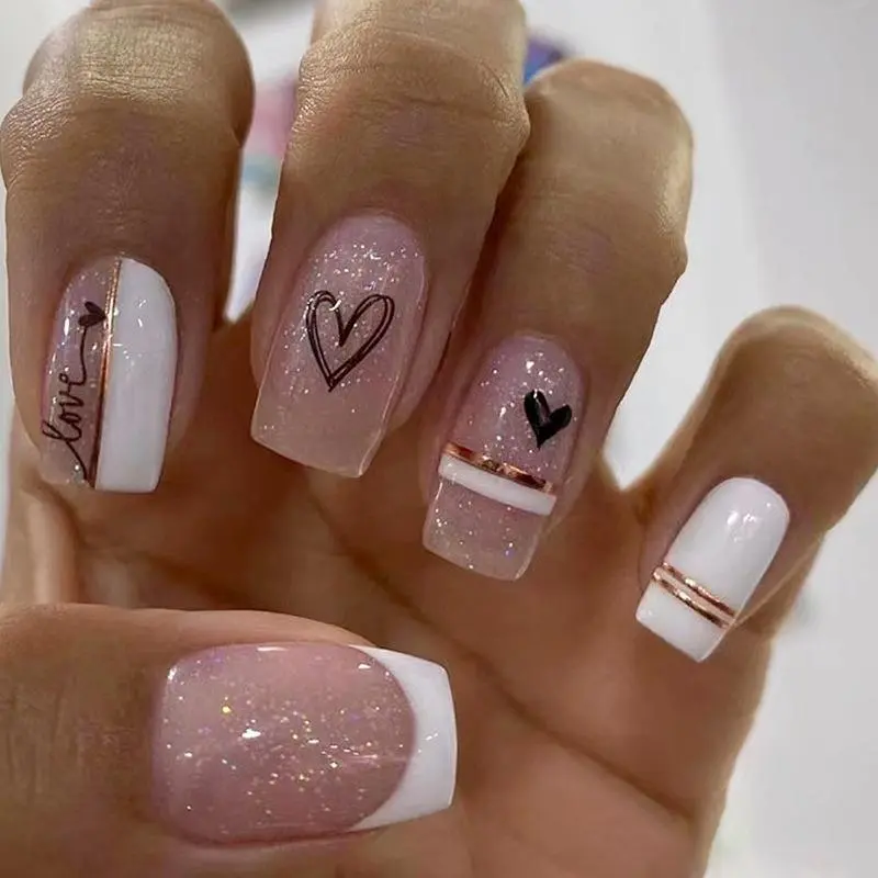 Glossy Cute French Style Heart & Line Pattern Long Square Fake Nail For Women & Girls, 24pcs/set Removable Nail Art, Artificial Full Cover