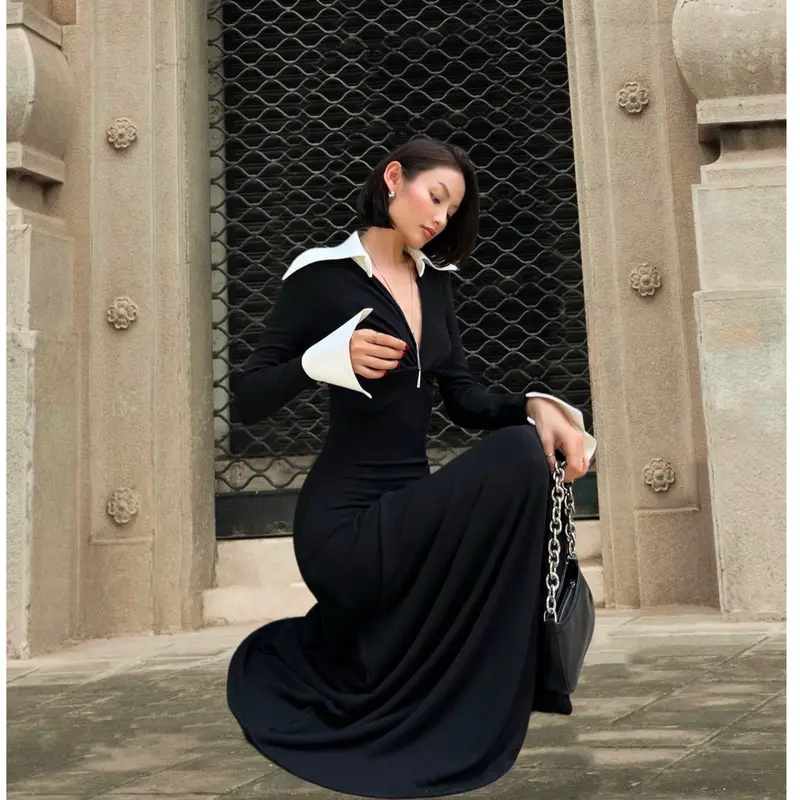 COCOMAY Đầm maxi xoắn ngực tay dài phong cách Nữ Women Dress Đen - Đỏ 2