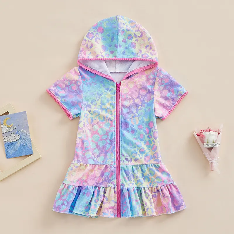 Toddler Girls Summer Swimwear Cover Up Short Sleeve Leopard Print Zipper Hooded Beachwear