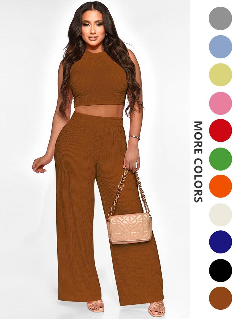 Product Introduction of Two-piece Set Women's Solid Textured Co-ord Set, Casual Round Neck Crop Tank Top & Wide Leg High Waist Pants Set, Ladies Summer Clothes for Daily Wear 9