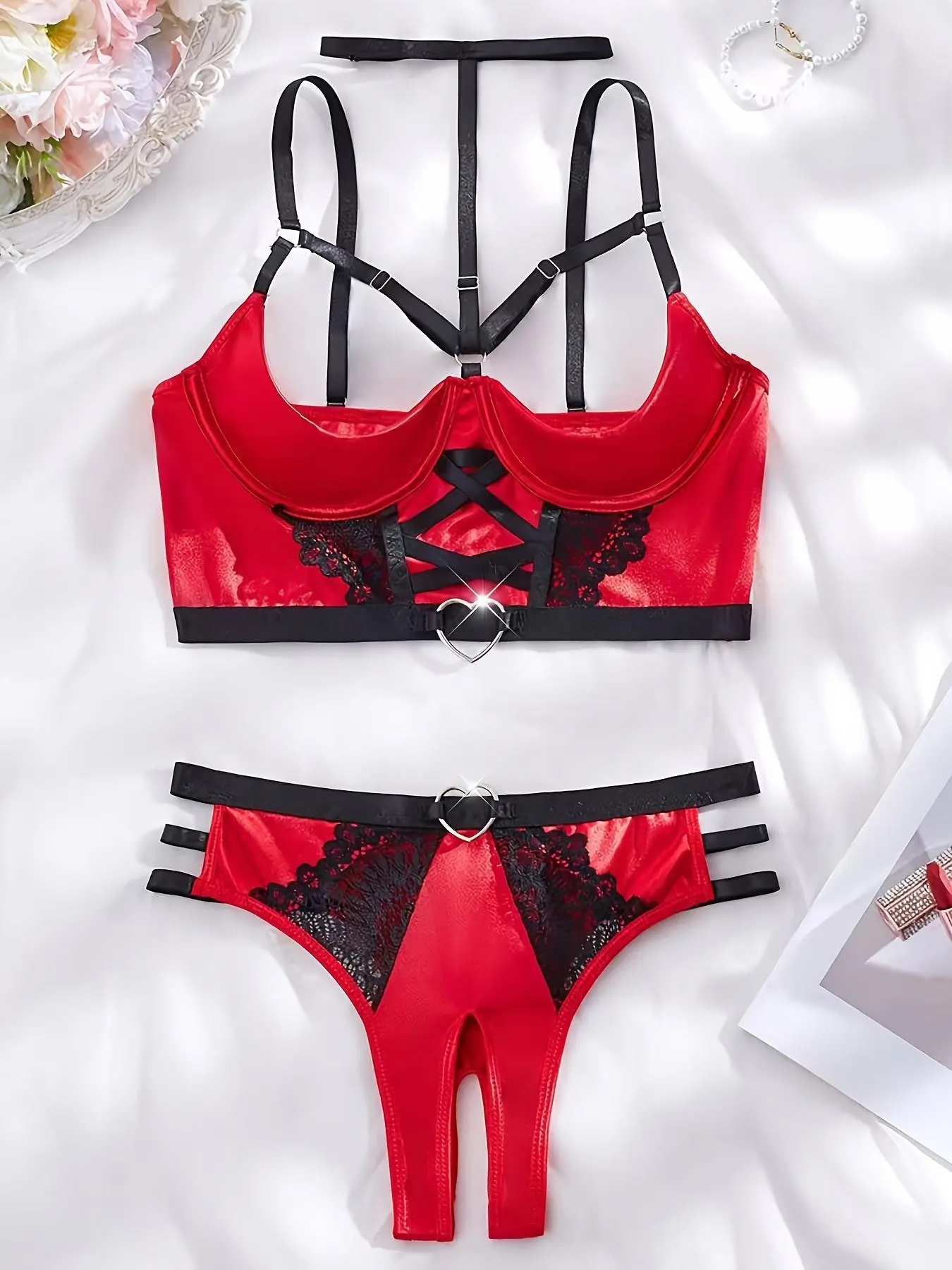 Women's Cut Out Underwire Bra & Open Crotch Panty Two-piece Set, Fashion Sexy Lingerie Set for Daily Wear, Women Sexy Lingeries & Costumes for All Seasons