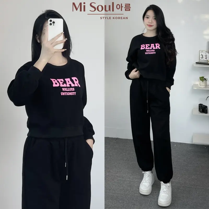 Set Nỉ BEAR In Chữ Ngực Kèm Quần Chun Dây Rút Bo Gấu BigSize MiSoul, Bộ Áo Gấu Form Thụng 357 Nữ Kem 6