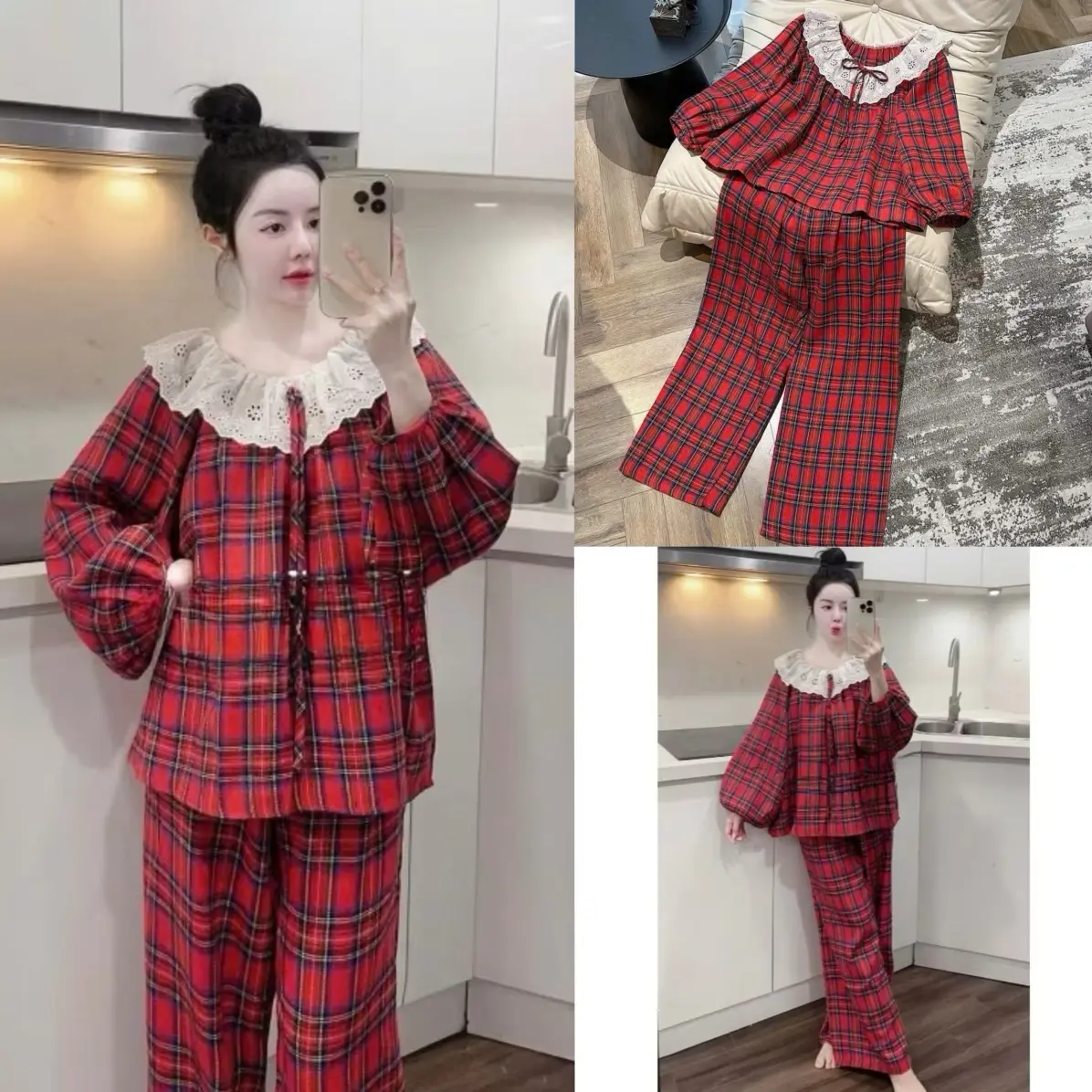 Bộ đồ Mặc nhà Nữ Kẻ đỏ Trễ vai ren chất Thô đũi Quảng châu xịn dễ thương Sammy DD85 - Quần Ngủ, Áo Ngủ, Women