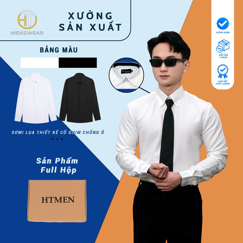 Áo sơ mi lụa cổ gim thiết kế lót gấm chống ố cổ và tay áo HTmen chất vải lụa mềm mại thấm hút tốt - Menswear Cổ gấm