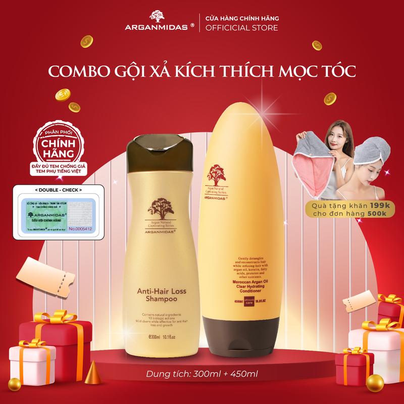 Combo dầu gội ngăn rụng và hỗ trợ mọc tóc Arganmidas (300ml) và dầu xả siêu dưỡng ẩm Arganmidas (450ml)