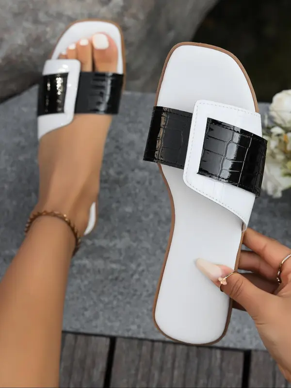 Women's Fashionable Colorblock PU Leather Slides, Casual Comfortable Flat Sandals for Summer, Lightweight Breathable Shoes for Daily Wear, Girl 4