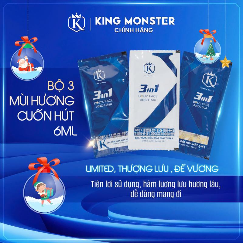 [King Monster] Bộ dây combo 3 mùi sữa tắm gội rửa mặt 3in1 hương nước hoa KingMonster 60 mil dành cho nam Dưỡng Thể
