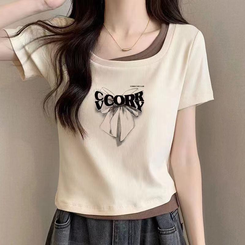 Product Introduction of Áo Thun Giả Hai Mảnh, Cổ Vuông, ngắn Tay, Dành Cho Nữ, Thiết Kế Đẹp, Màu Mơ Phong Cách Hàn Quốc Mới Mùa Hè, Áo Chắp Vá, Thích Hợp Cho Học Sinh Nữ, Xu Hướng Ins 2