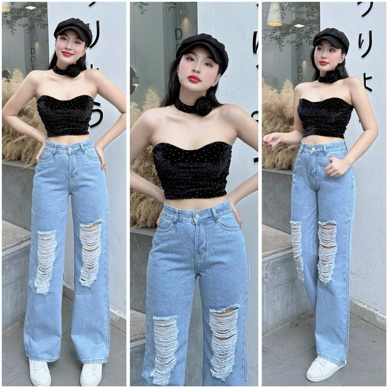 ( NẤM LÙN SUÔNG M55 ) QUẦN JEANS SUÔNG, QUẦN BÒ SUÔNG RÁCH THỜI TRANG, HÀNG QCCC MẪU MỚI ms120 Nữ