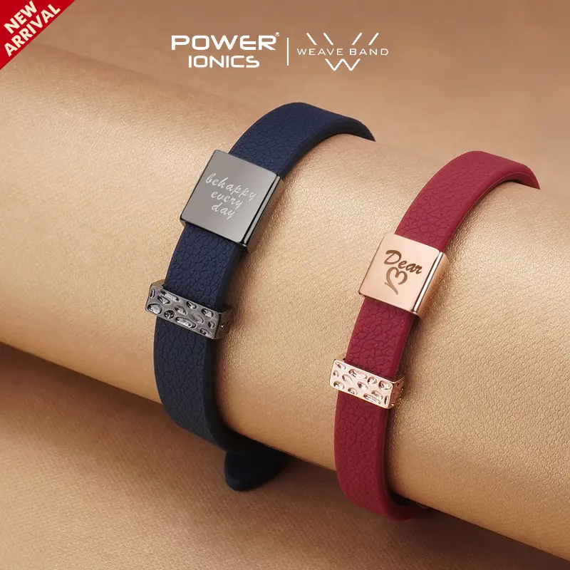 POWER IONICS New 18K Rose Gold Waterproof Anions Germanium Leather Grain Fashion Bracelets Free Engrave Gift