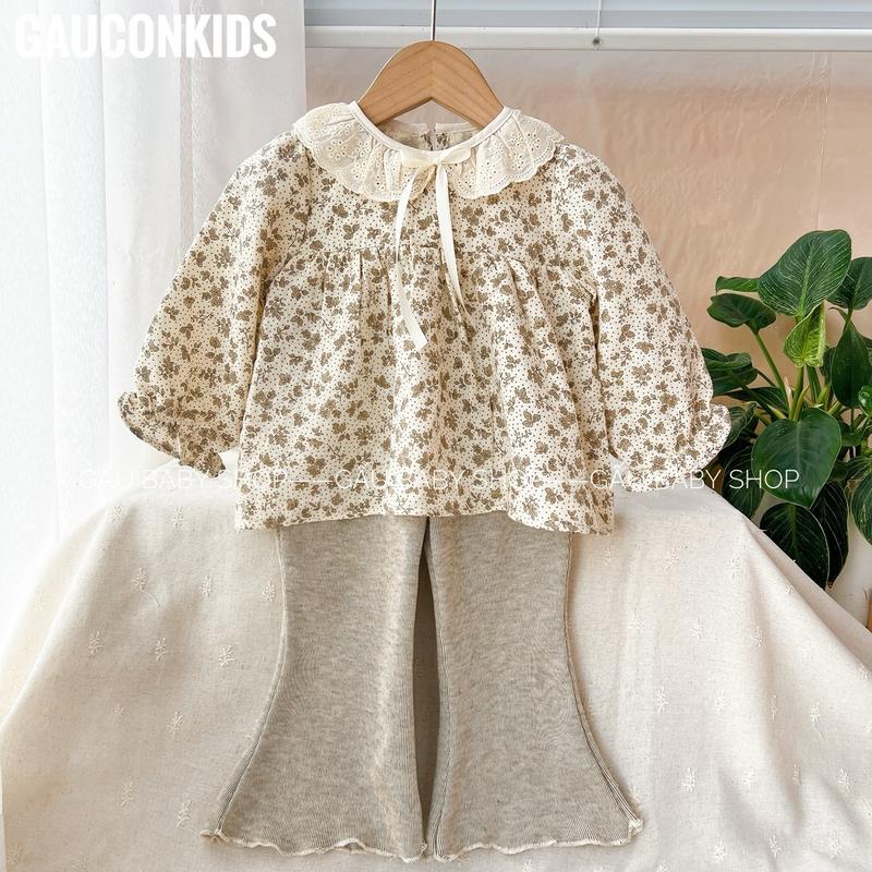  Set áo thu đông cho bé gái chất nilen xô cao cấp hoạ tiết hoa nhí nâu + quần chất tăm thỏ cho bé 8-30kg - B129 