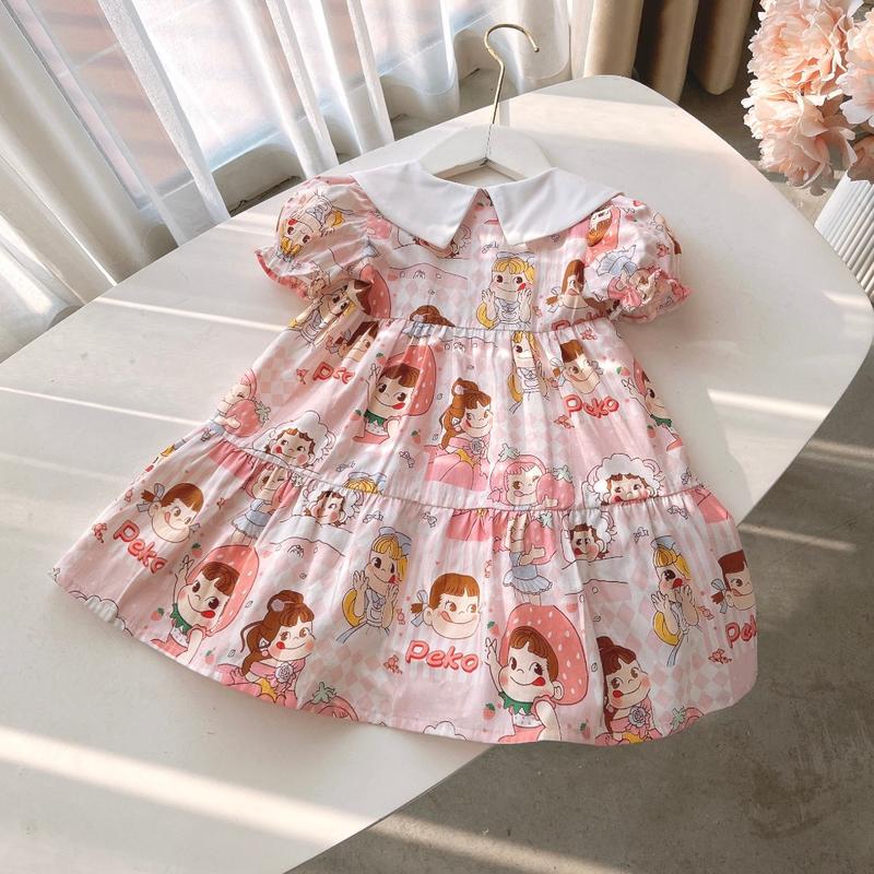 Váy Babydoll cổ sen OP KIDS 2294 hoạ tiết hoạt hình, đầm cho bé gái đón tết 2024