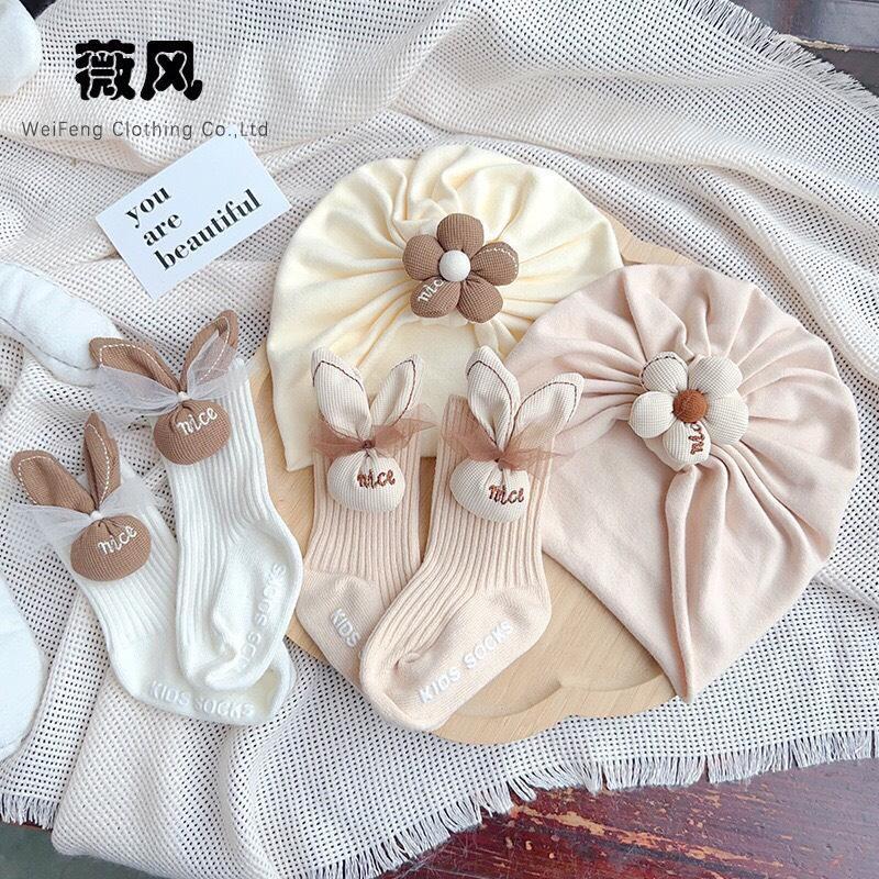 Set Mũ Turban Kèm Tất Cao Cổ Hình Hoa, Thỏ  ChicBaby Có Chống Trơn Trượt Dễ Thương Cho Bé 0-1 Tuổi