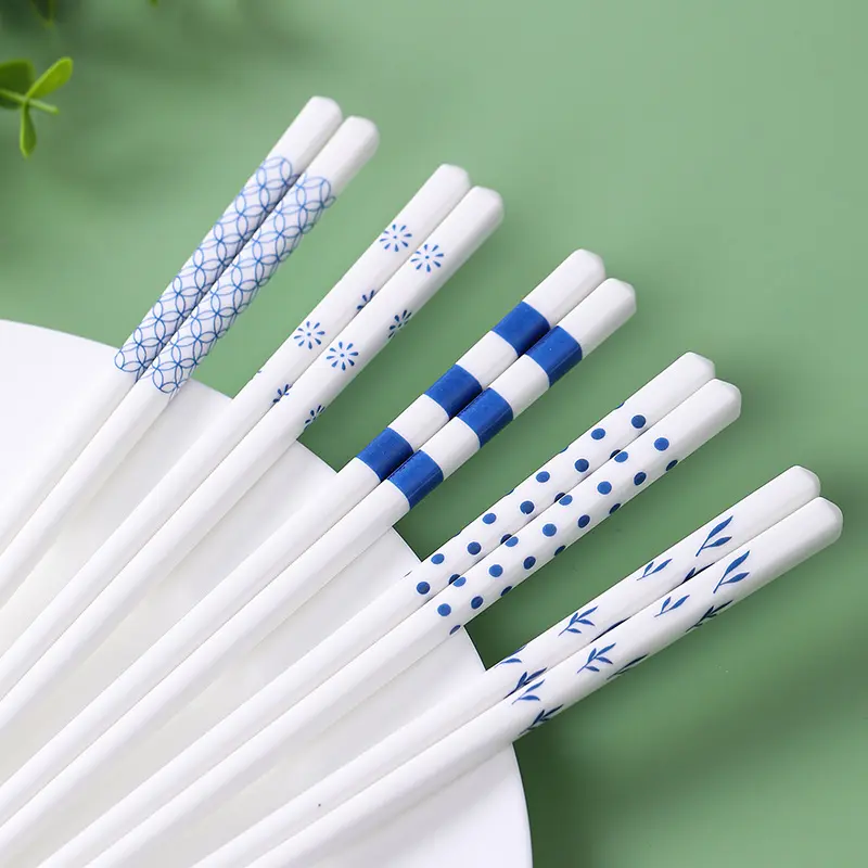 Ceramic Chopsticks Hepburn Style-Blue High Temperature Resistant Easy to Clean Not Easy to Breed Bacteria 5 Pairs Family