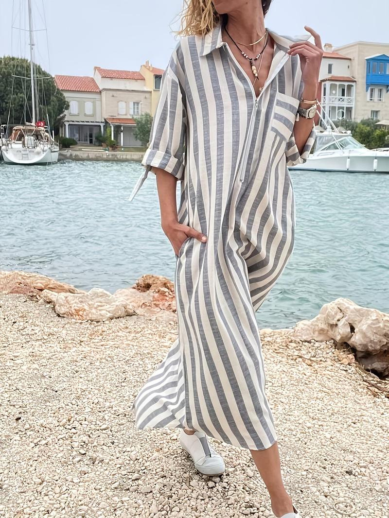 Product Introduction of Women's Striped Print Button Front Shirt Dress, Elegant Collared Dress for Spring & Fall, Ladies Clothes for Daily Wear 3