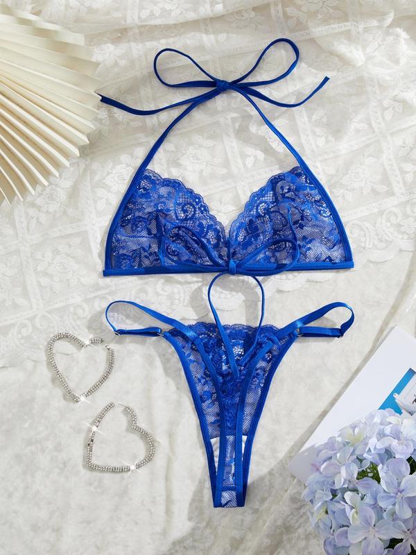 Women's Solid Color Floral Lace Underwear Set, Sexy Comfy Breathable Halter Neck Bra & Panty Set for Daily Wear, Women's Underwear Set for All Seasons 1
