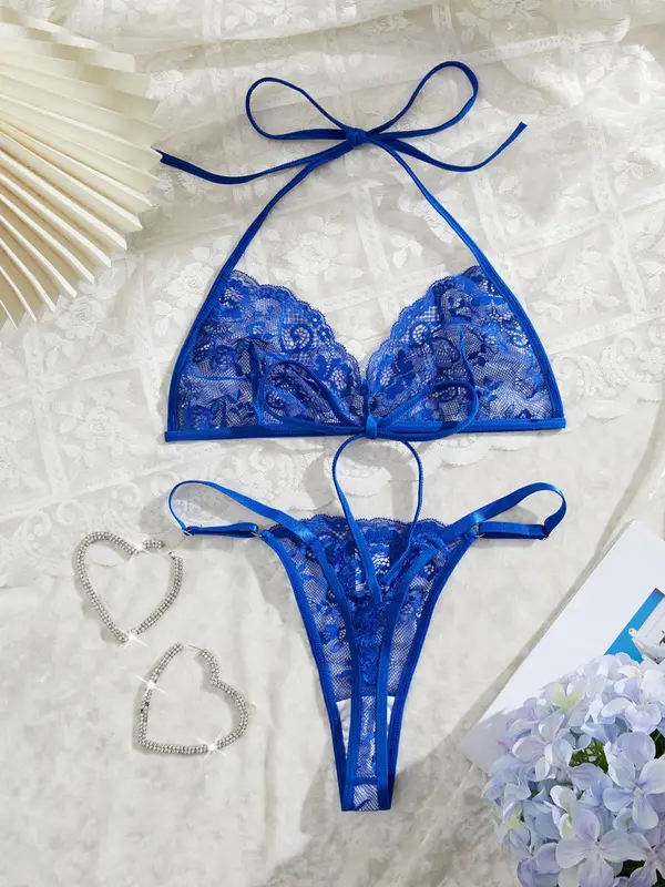 Women's Solid Color Floral Lace Underwear Set, Sexy Comfy Breathable Halter Neck Bra & Panty Set for Daily Wear, Women's Underwear Set for All Seasons 1