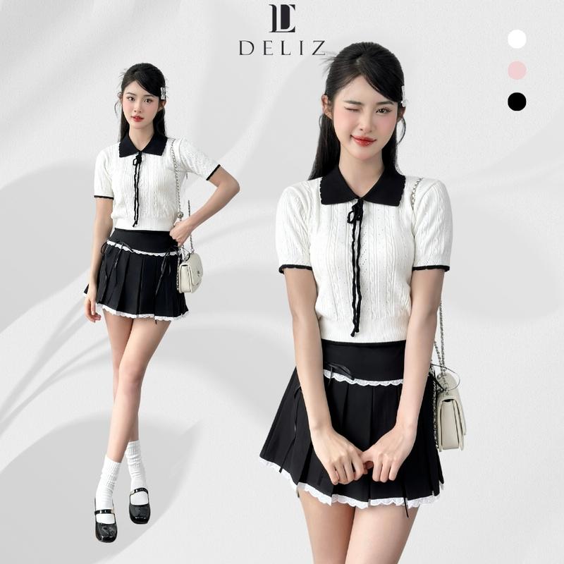 Set áo len cộc tay phối chân váy viền ren basic DELIZ - SET PL02